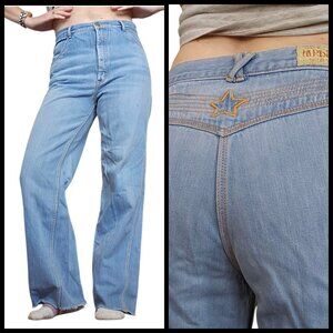 70s Brittania Wide Leg Jeans Embroidered Star High Waisted Light Wash Sz 6 Disco